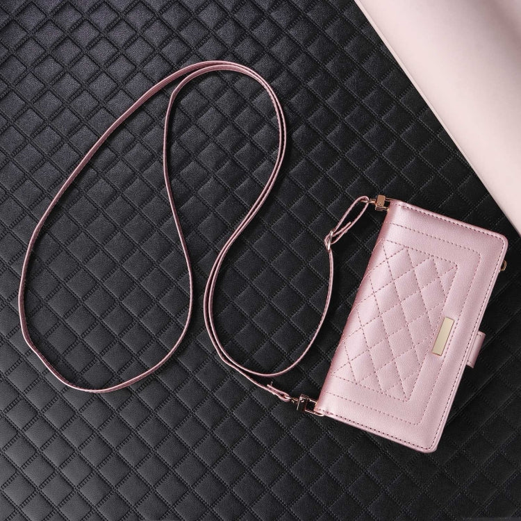 For iPhone 16 Pro Max Crossbody Zipper Wallet Rhombus Leather Phone Case(Rose Gold)