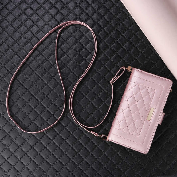 For iPhone 16 Pro Max Crossbody Zipper Wallet Rhombus Leather Phone Case(Rose Gold)