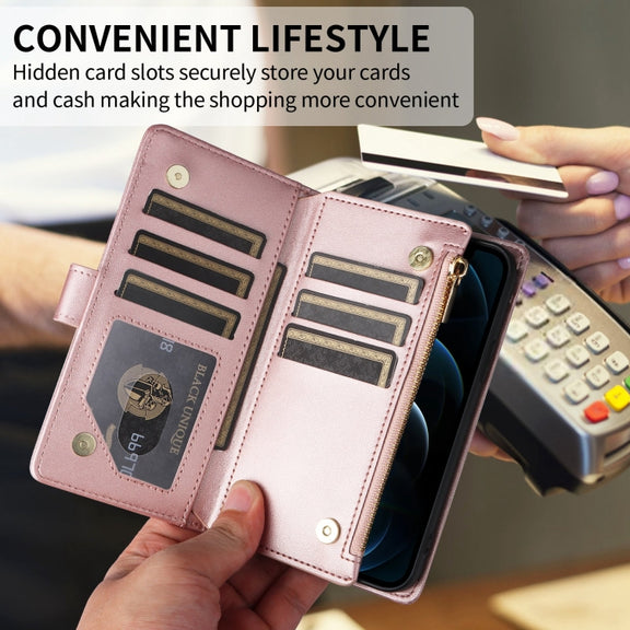For iPhone 16 Pro Max Crossbody Zipper Wallet Rhombus Leather Phone Case(Rose Gold)