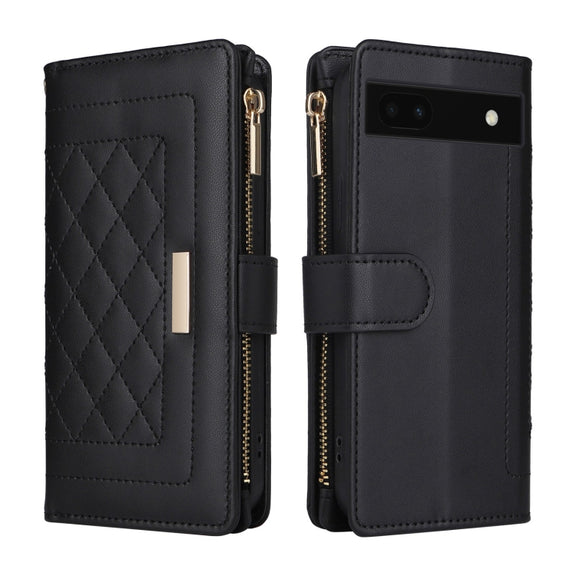 For Google Pixel 7a Crossbody Zipper Wallet Rhombus Leather Phone Case(Black)