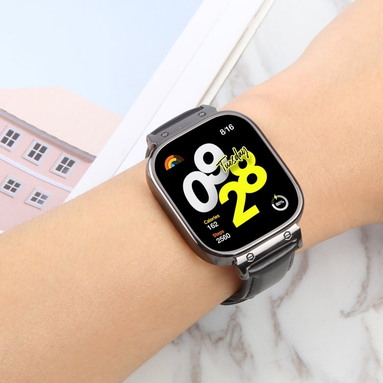 For Redmi Watch 4 Metal Black Frame Genuine Leather Watch Band(Bamboo Black)