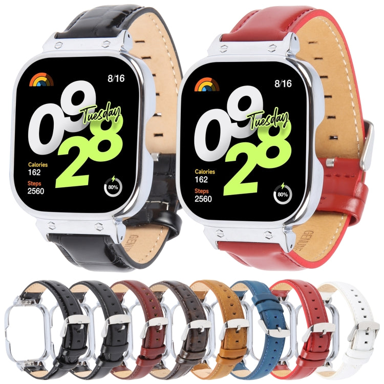 For Redmi Watch 4 Metal Silver Frame Genuine Leather Watch Band(White)