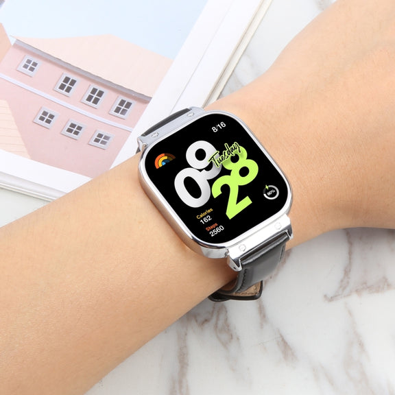 For Redmi Watch 4 Metal Silver Frame Genuine Leather Watch Band(Black)