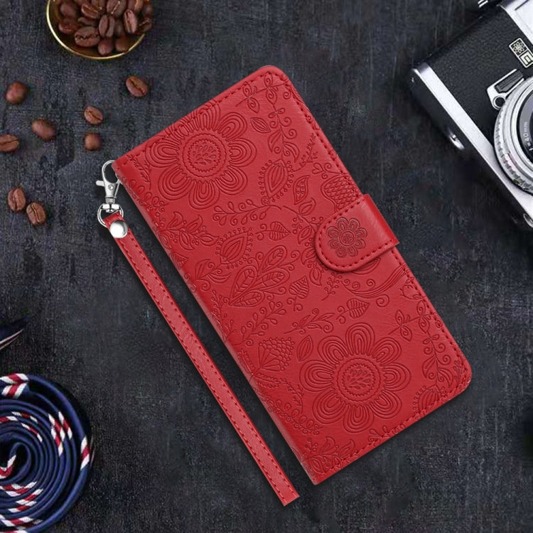 For Samsung Galaxy S25 5G Floral Embossed Pattern Leather Phone Case(Red)