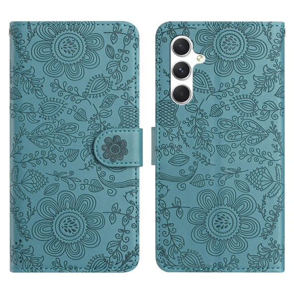 For Samsung Galaxy S25 5G Floral Embossed Pattern Leather Phone Case(Dark Green)