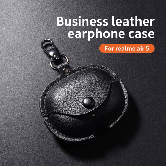For Realme Buds Air 5 Pro Leather Earphone Protective Case with Hook(Light Brown)