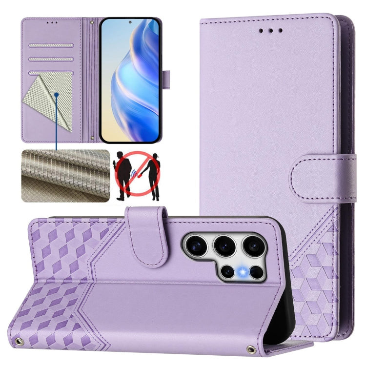 For Samsung Galaxy S25 Ultra 5G Honeycomb Embossing RFID Leather Phone Case(Light Purple)