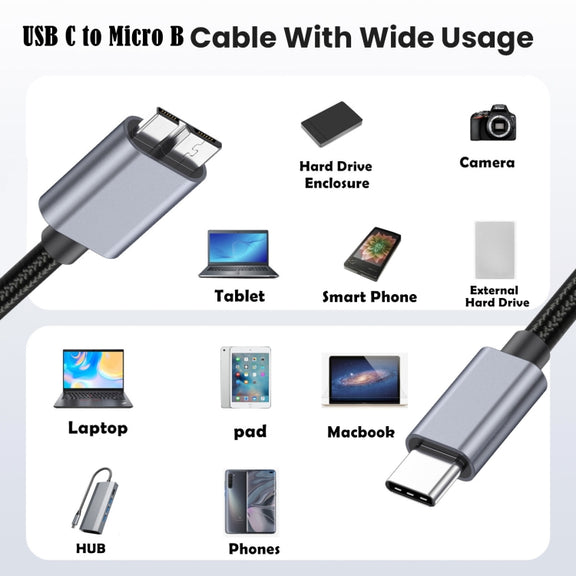 10Gbps USB-C / Type-C 3.1 to Micro B Mobile Hard Disk Adapter Cable, Length:3m