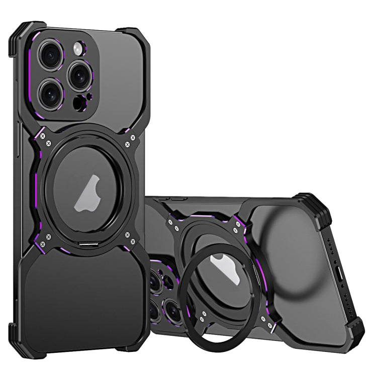 For iPhone 16 Pro Max Mechanical Arm Borderless MagSafe Holder Metal Phone Case(Black Purple)