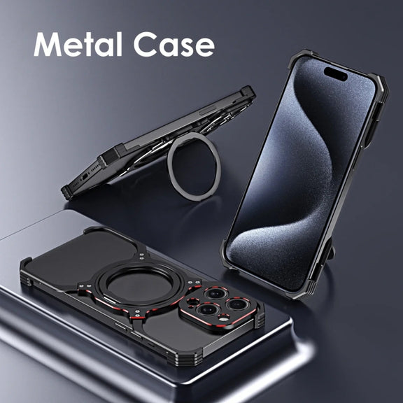 For iPhone 16 Pro Mechanical Arm Borderless MagSafe Holder Metal Phone Case(Black Blue)