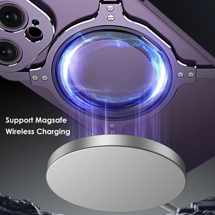 For iPhone 16 Pro Mechanical Arm Borderless MagSafe Holder Metal Phone Case(Black Purple)
