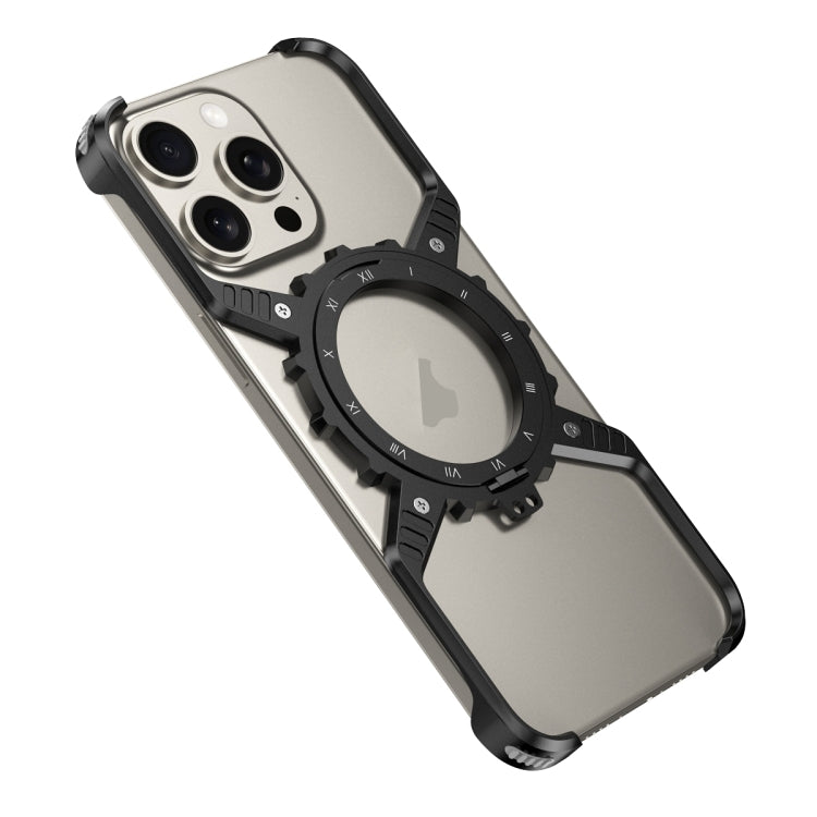 For iPhone 16 Pro Max Mechanical Gear MagSafe Holder Borderless Metal Phone Case(Black)