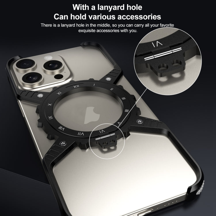 For iPhone 16 Pro Mechanical Gear MagSafe Holder Borderless Metal Phone Case(Black)