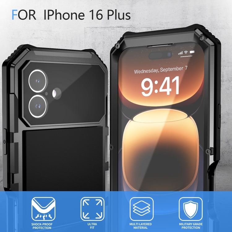 For iPhone 16 Plus R-JUST Life Water-resistant Dustproof Shockproof Holder Phone Case(Black)