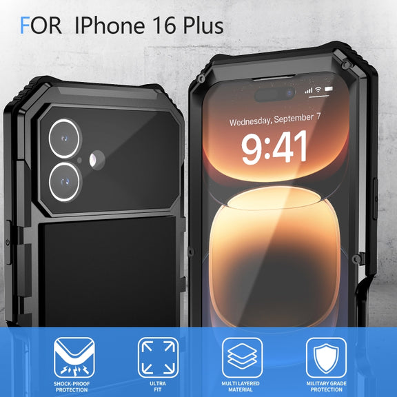 For iPhone 16 Plus R-JUST Life Water-resistant Dustproof Shockproof Holder Phone Case(Black)