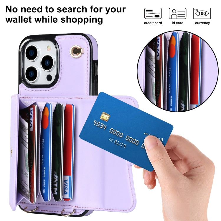 For iPhone 16 Pro Max RFID Card Slot Phone Case with Long Lanyard(Purple)