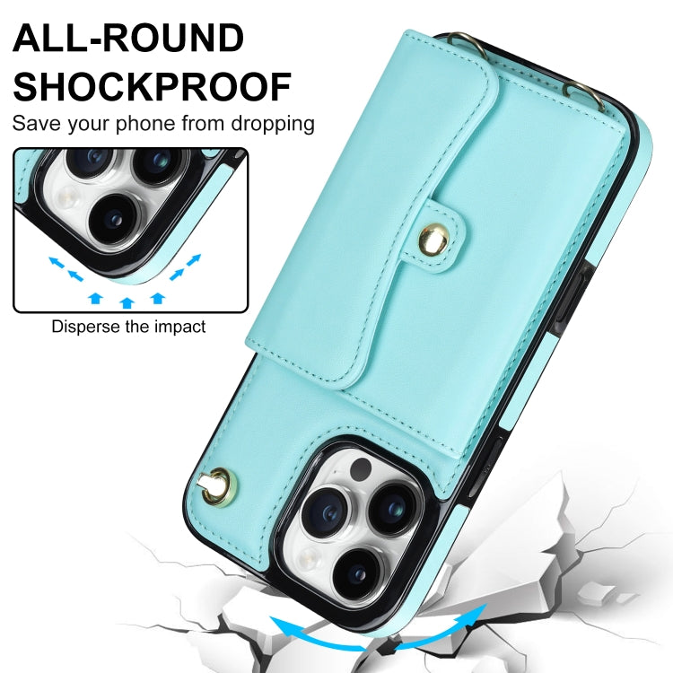 For iPhone 16 Pro RFID Card Slot Phone Case with Long Lanyard(Mint Green)
