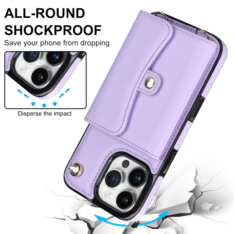 For iPhone 16 Pro RFID Card Slot Phone Case with Long Lanyard(Purple)