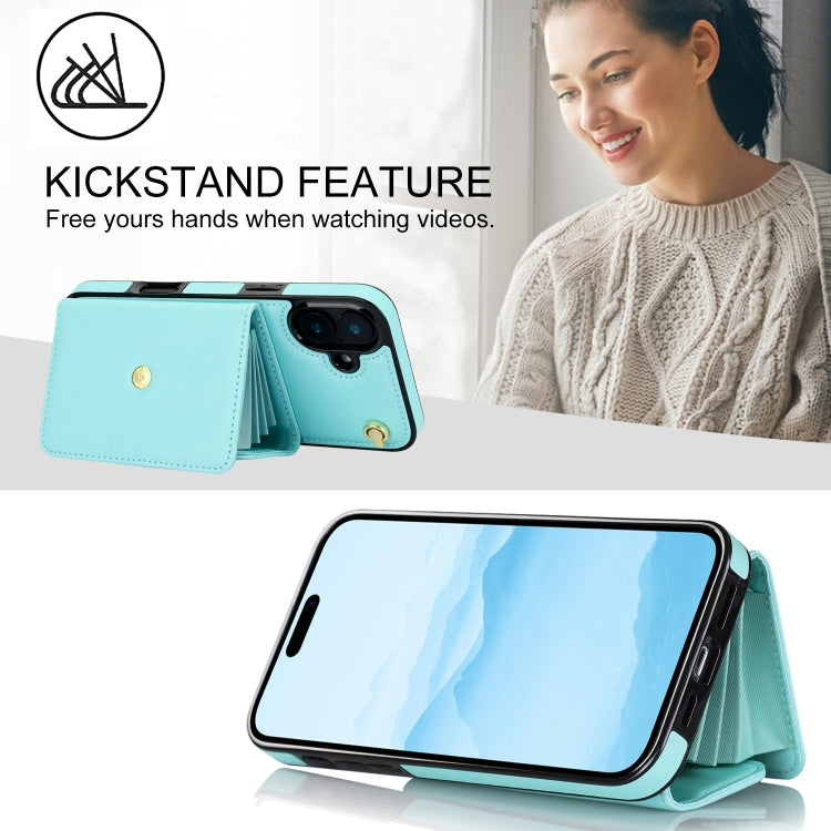 For iPhone 16 RFID Card Slot Phone Case with Long Lanyard(Mint Green)
