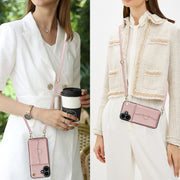 For iPhone 16 RFID Card Slot Phone Case with Long Lanyard(Rose Gold)