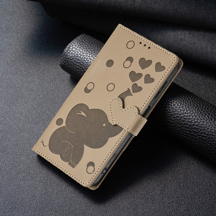 For Samsung Galaxy S25+ 5G Cartoon Elephant Embossed Leather Phone Case(Khaki)