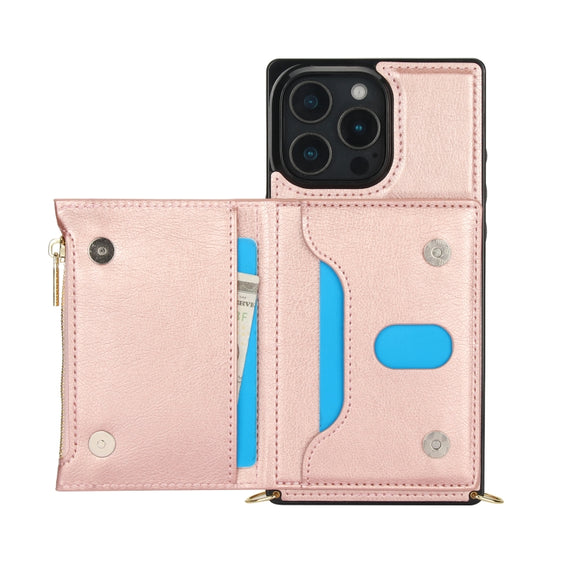 For iPhone 16 Pro Max Square Zipper Wallet Bag TPU+PU Back Cover Case(Rose Gold)