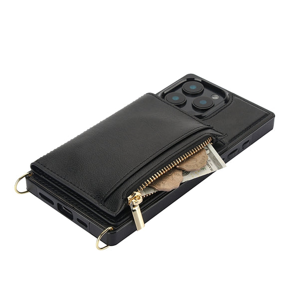 For iPhone 16 Pro Max Square Zipper Wallet Bag TPU+PU Back Cover Case(Black)