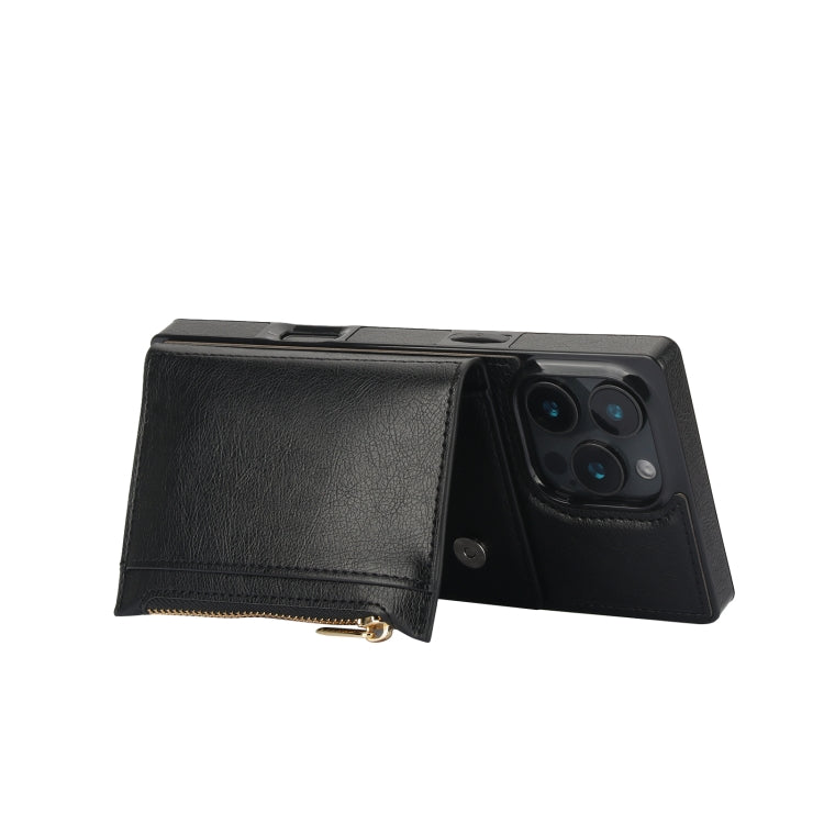 For iPhone 16 Pro Square Zipper Wallet Bag TPU+PU Back Cover Case(Black)
