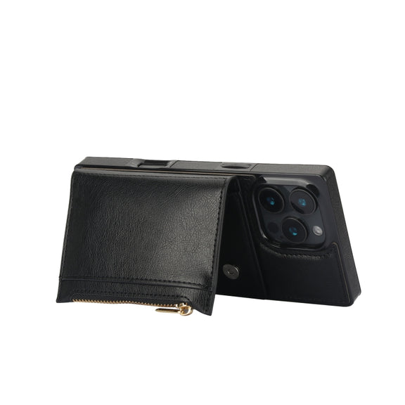 For iPhone 16 Pro Square Zipper Wallet Bag TPU+PU Back Cover Case(Black)