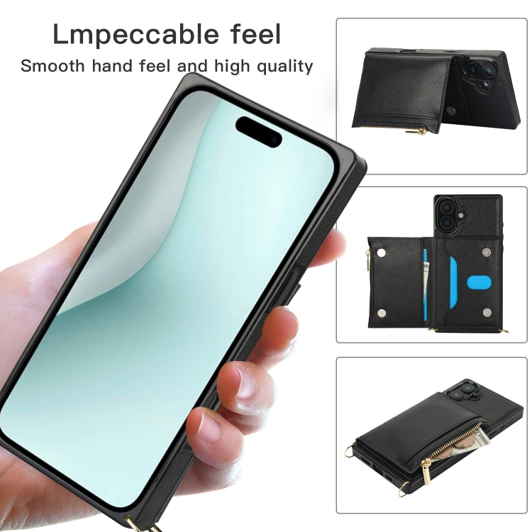 For iPhone 16 Square Zipper Wallet Bag TPU+PU Back Cover Case(Rose Gold)