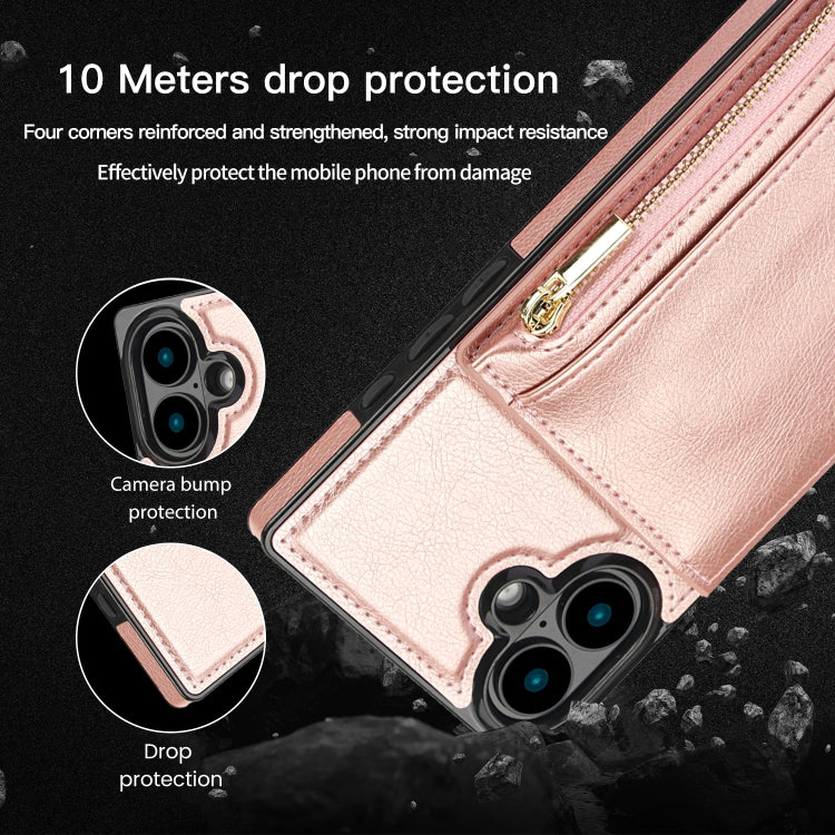 For iPhone 16 Square Zipper Wallet Bag TPU+PU Back Cover Case(Rose Gold)