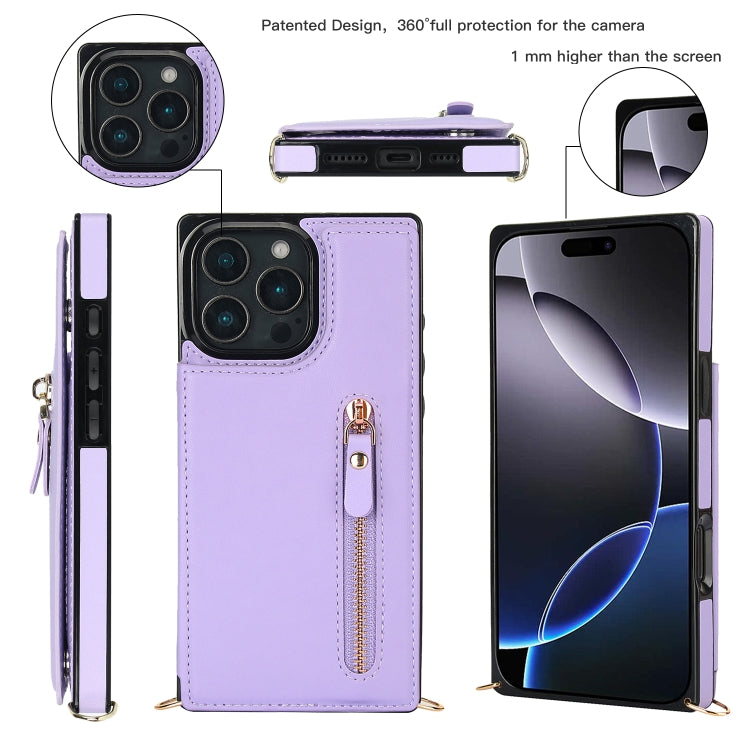 For iPhone 16 Pro Max Cross-body Zipper Square Phone Case(Purple)