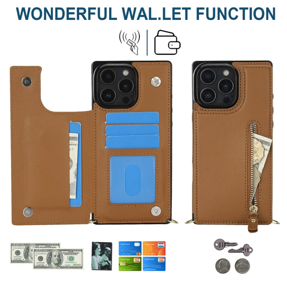 For iPhone 16 Pro Max Cross-body Zipper Square Phone Case(Brown)