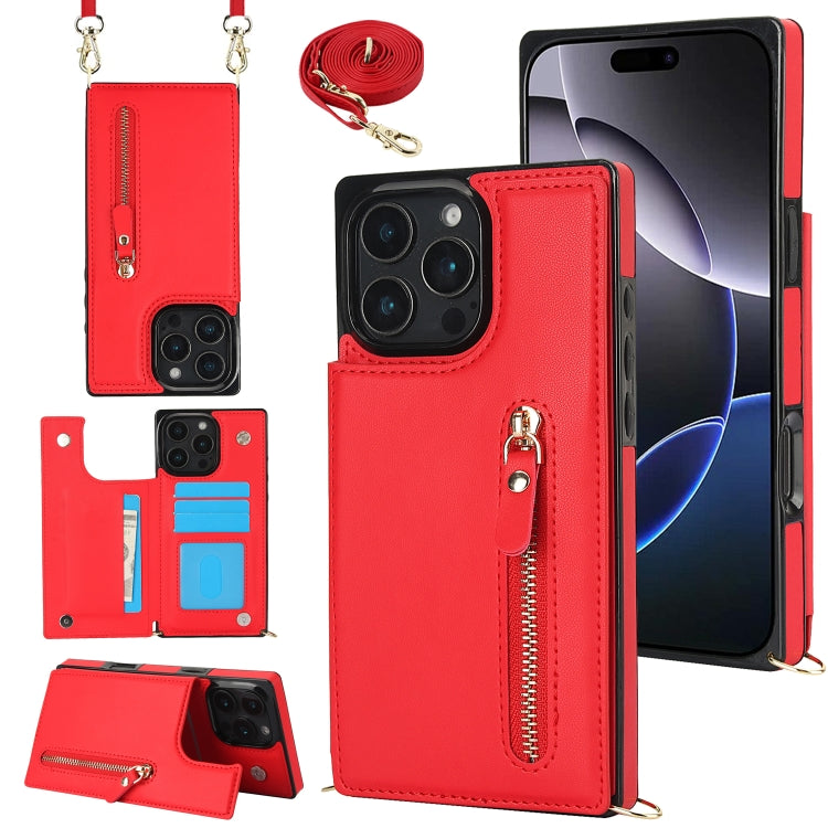 For iPhone 16 Pro Max Cross-body Zipper Square Phone Case(Red)