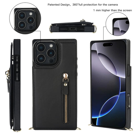 For iPhone 16 Pro Max Cross-body Zipper Square Phone Case(Black)