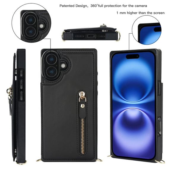 For iPhone 16 Plus Cross-body Zipper Square Phone Case(Black)