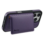 For iPhone 16 Pro Max Denior Carbon Fiber Texture Leather Card Bag MagSafe Phone Case(Purple)