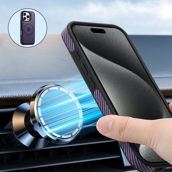 For iPhone 16 Pro Max Denior Carbon Fiber Texture Leather Card Bag MagSafe Phone Case(Purple)
