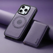 For iPhone 16 Pro Max Denior Carbon Fiber Texture Leather Card Bag MagSafe Phone Case(Purple)