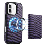 For iPhone 16 Denior Carbon Fiber Texture Leather Card Bag MagSafe Phone Case(Purple)