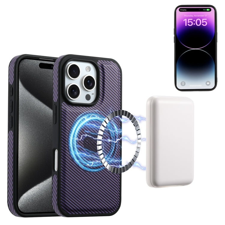 For iPhone 16 Denior Carbon Fiber Texture Leather Card Bag MagSafe Phone Case(Purple)
