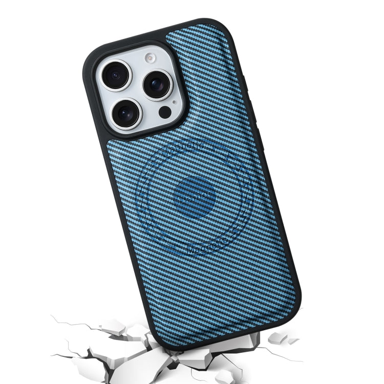 For iPhone 16 Pro Max Denior Carbon Fiber Texture Leather MagSafe Phone Case(Blue)