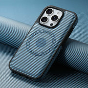 For iPhone 16 Pro Max Denior Carbon Fiber Texture Leather MagSafe Phone Case(Blue)