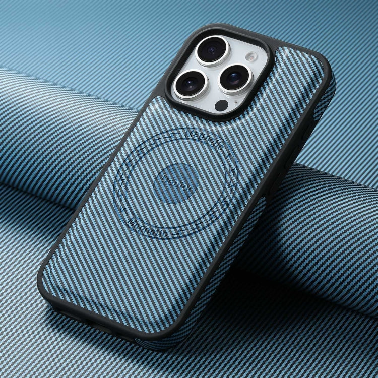 For iPhone 16 Pro Max Denior Carbon Fiber Texture Leather MagSafe Phone Case(Blue)