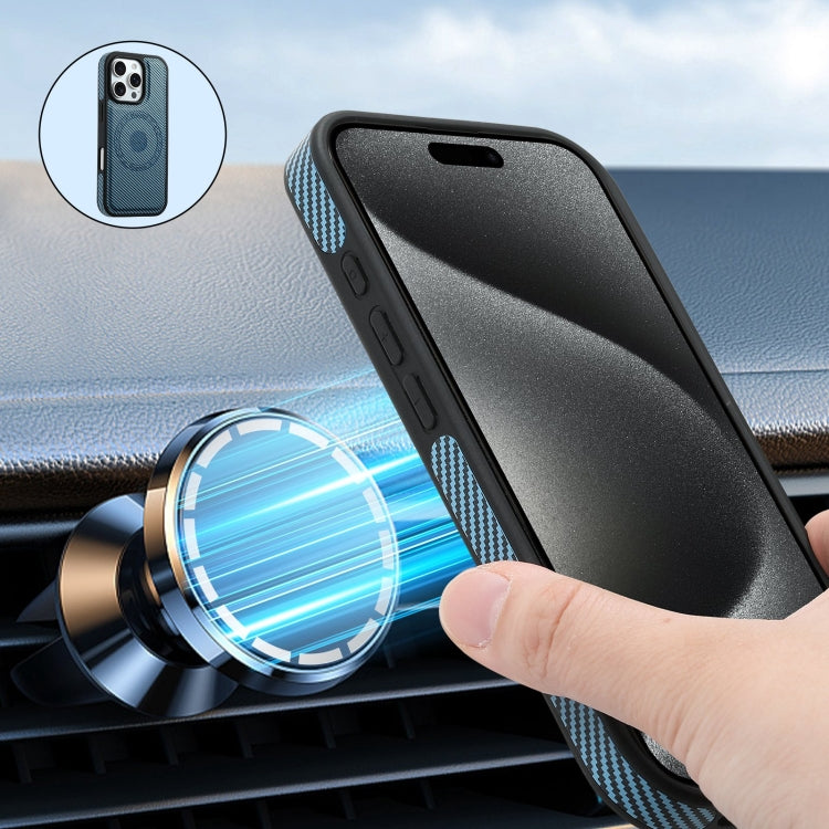 For iPhone 16 Pro Denior Carbon Fiber Texture Leather MagSafe Phone Case(Blue)