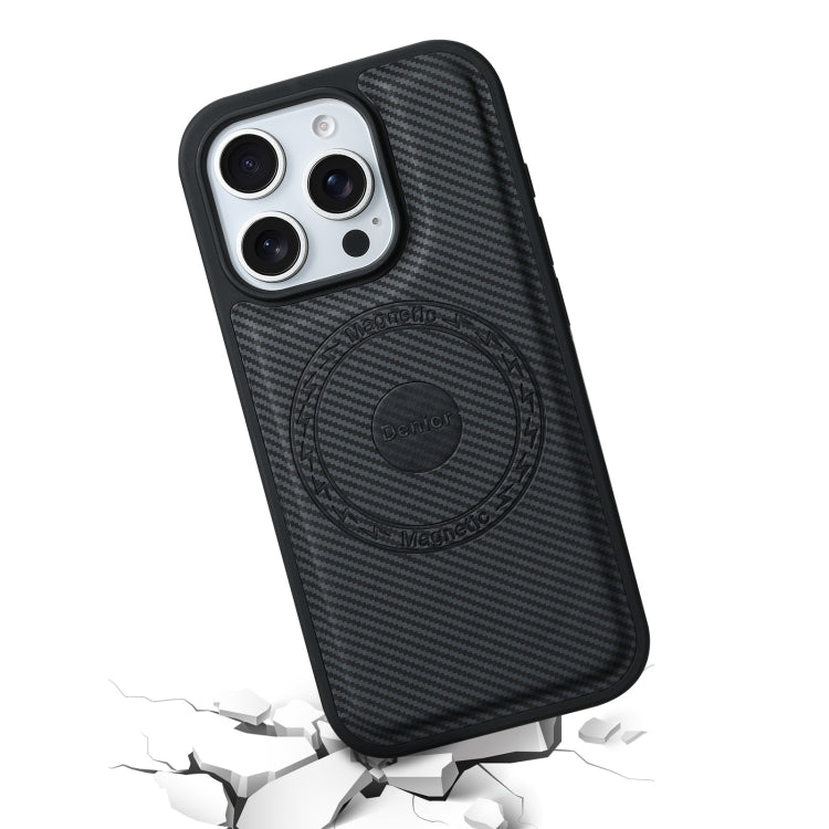 For iPhone 16 Plus Denior Carbon Fiber Texture Leather MagSafe Phone Case(Black)