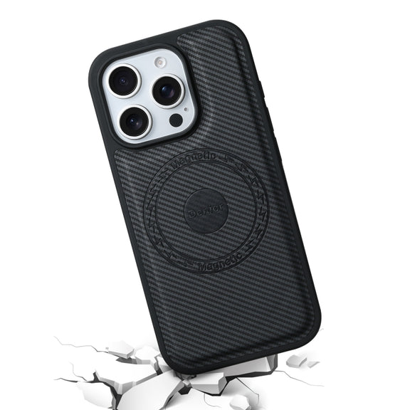 For iPhone 16 Plus Denior Carbon Fiber Texture Leather MagSafe Phone Case(Black)