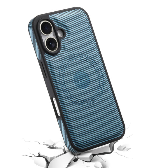 For iPhone 16 Plus Denior Carbon Fiber Texture Leather MagSafe Phone Case(Blue)