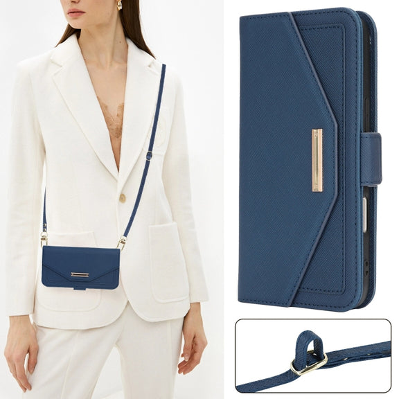 For iPhone 16 Pro Max Cross Texture Crossbody Lanyard Leather Phone Case(Blue)