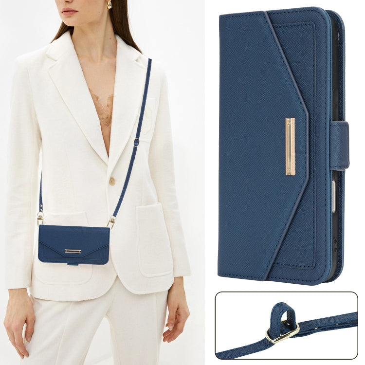For iPhone 16 Pro Max Cross Texture Crossbody Lanyard Leather Phone Case(Blue)